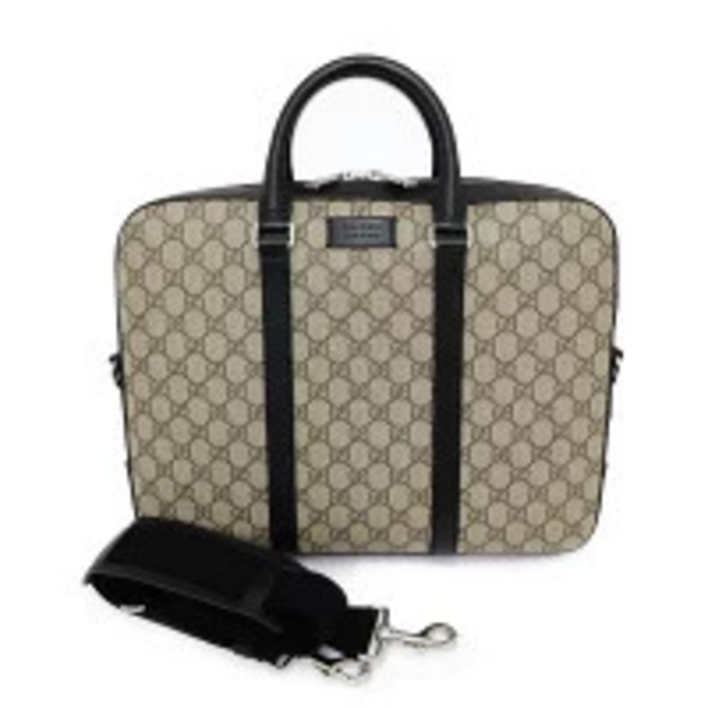 Gucci GG Supreme Briefcase Bag Beige Black Leather Business